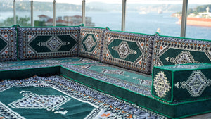 Green Moroccan Home Decor Cushion, 4" Thickness Corner Floor Seating Set, L Shaped Floor Couch, Sectional Sofa Set