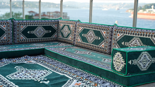 Green Moroccan Home Decor Cushion, 4" Thickness Corner Floor Seating Set, L Shaped Floor Couch, Sectional Sofa Set