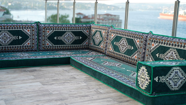 Green Moroccan Home Decor Cushion, 4" Thickness Corner Floor Seating Set, L Shaped Floor Couch, Sectional Sofa Set