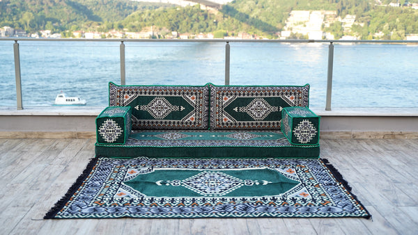 Green Floor Couch Set, Sectional Sofas, Arabic Floor Sofa Set, Yoga Meditation Mat, Futon Sofa Bed, Sofa with Ottoman Couch and Rug