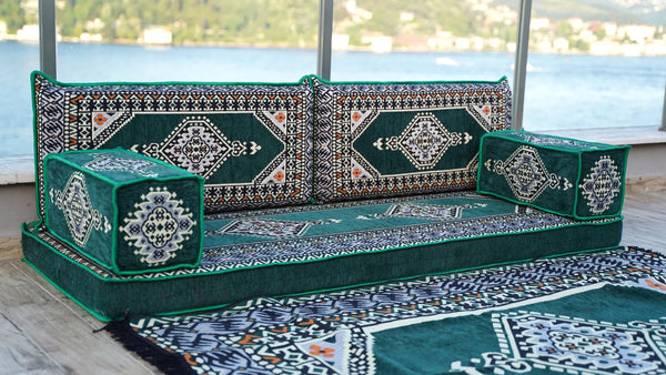 Green Floor Couch Set, Sectional Sofas, Arabic Floor Sofa Set, Yoga Meditation Mat, Futon Sofa Bed, Sofa with Ottoman Couch and Rug