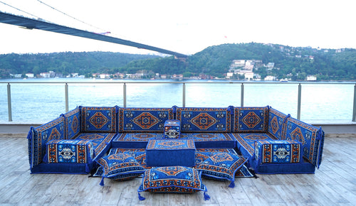 Blue Color U Shaped Arabic Seating, Oriental Floor Couches, Arabic Majlis, Turkish Floor Seating Set, Indoor Floor Sofas