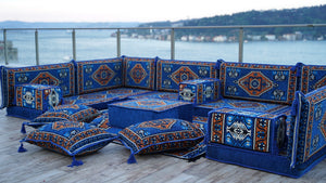 Blue Color U Shaped Arabic Seating, Oriental Floor Couches, Arabic Majlis, Turkish Floor Seating Set, Indoor Floor Sofas