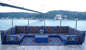 Blue Color U Shaped Arabic Seating, Oriental Floor Couches, Arabic Majlis, Turkish Floor Seating Set, Indoor Floor Sofas