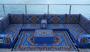 Blue Color U Shaped Arabic Seating, Oriental Floor Couches, Arabic Majlis, Turkish Floor Seating Set, Indoor Floor Sofas