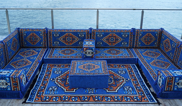 Blue Color U Shaped Arabic Seating, Oriental Floor Couches, Arabic Majlis, Turkish Floor Seating Set, Indoor Floor Sofas