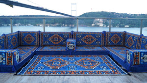 Blue Color U Shaped Arabic Seating, Oriental Floor Couches, Arabic Majlis, Turkish Floor Seating Set, Indoor Floor Sofas