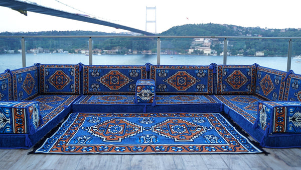 Blue Color U Shaped Arabic Seating, Oriental Floor Couches, Arabic Majlis, Turkish Floor Seating Set, Indoor Floor Sofas