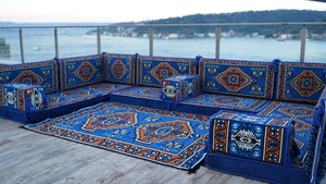 Blue Color U Shaped Arabic Seating, Oriental Floor Couches, Arabic Majlis, Turkish Floor Seating Set, Indoor Floor Sofas