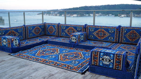 Blue Color U Shaped Arabic Seating, Oriental Floor Couches, Arabic Majlis, Turkish Floor Seating Set, Indoor Floor Sofas