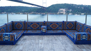 Blue Color U Shaped Arabic Seating, Oriental Floor Couches, Arabic Majlis, Turkish Floor Seating Set, Indoor Floor Sofas