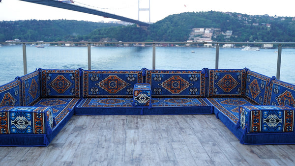 Blue Color U Shaped Arabic Seating, Oriental Floor Couches, Arabic Majlis, Turkish Floor Seating Set, Indoor Floor Sofas