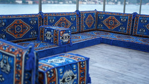 Blue Color U Shaped Arabic Seating, Oriental Floor Couches, Arabic Majlis, Turkish Floor Seating Set, Indoor Floor Sofas