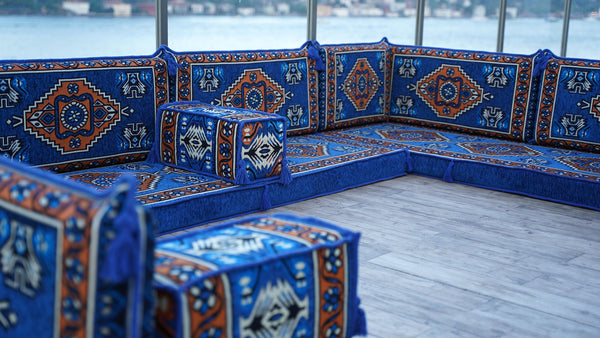 Blue Color U Shaped Arabic Seating, Oriental Floor Couches, Arabic Majlis, Turkish Floor Seating Set, Indoor Floor Sofas