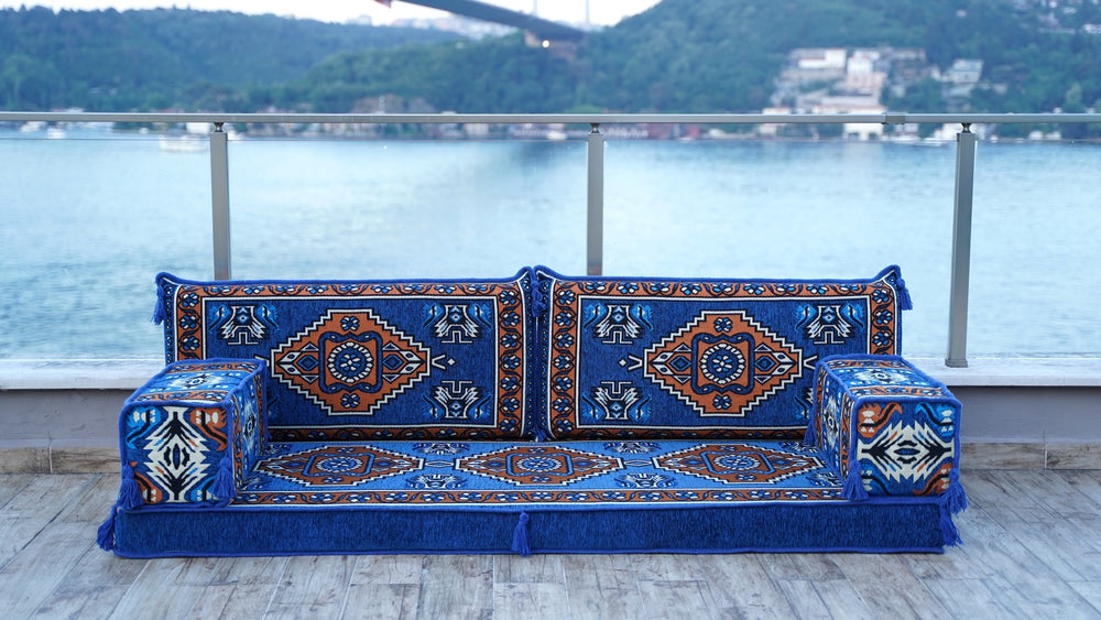 Blue Indoor Floor Pillows, Moroccan Living Room Couches, Arabic Floor Couch, Turkish Floor Cushion, Single Sofa Sets, Ethnic Sofa