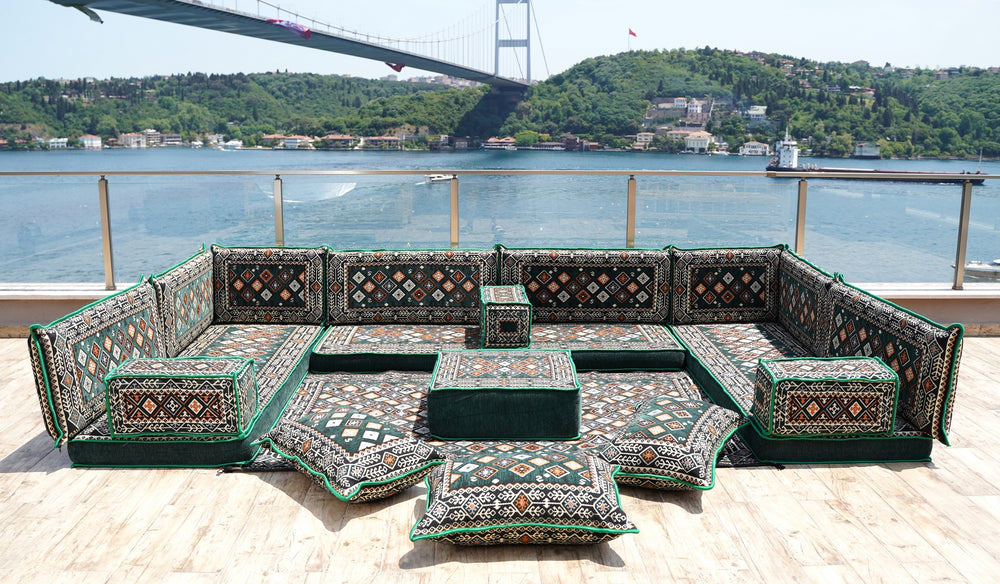 Green Color U Shaped Arabic Seating, Oriental Floor Couches, Arabic Majlis, Turkish Floor Seating Set, Indoor Floor Sofas