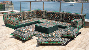 4" Thickness Green Corner Floor Seating Set, Pallet Cushion Set, Modular Design Floor Cushion, Garden Sofa Set
