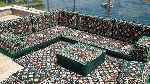 4" Thickness Green Corner Floor Seating Set, Pallet Cushion Set, Modular Design Floor Cushion, Garden Sofa Set