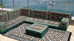 4" Thickness Green Corner Floor Seating Set, Pallet Cushion Set, Modular Design Floor Cushion, Garden Sofa Set