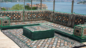 4" Thickness Green Corner Floor Seating Set, Pallet Cushion Set, Modular Design Floor Cushion, Garden Sofa Set