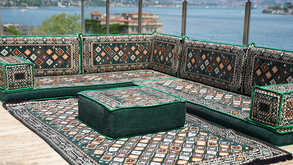 4" Thickness Green Corner Floor Seating Set, Pallet Cushion Set, Modular Design Floor Cushion, Garden Sofa Set