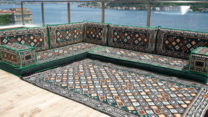 4" Thickness Green Corner Floor Seating Set, Pallet Cushion Set, Modular Design Floor Cushion, Garden Sofa Set