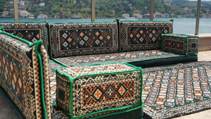 4" Thickness Green Corner Floor Seating Set, Pallet Cushion Set, Modular Design Floor Cushion, Garden Sofa Set