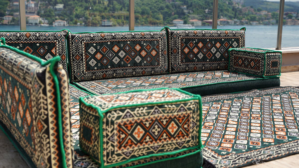 4" Thickness Green Corner Floor Seating Set, Pallet Cushion Set, Modular Design Floor Cushion, Garden Sofa Set