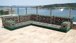 4" Thickness Green Corner Floor Seating Set, Pallet Cushion Set, Modular Design Floor Cushion, Garden Sofa Set
