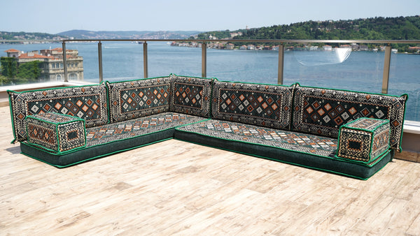 4" Thickness Green Corner Floor Seating Set, Pallet Cushion Set, Modular Design Floor Cushion, Garden Sofa Set