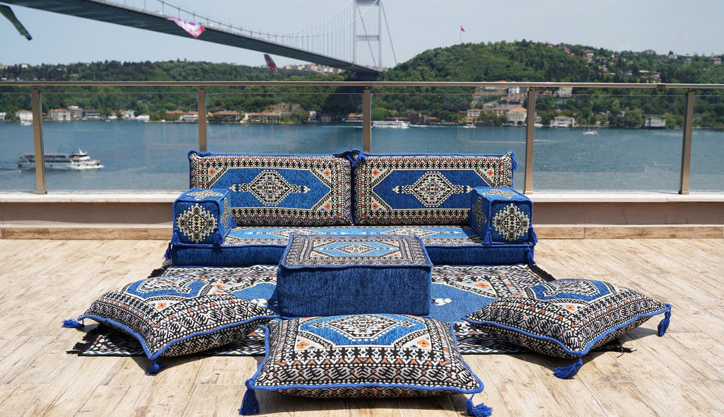 Royal Blue Floor Sofa, Traditional Floor Couch Set, Sectional Sofa with Ottoman Couch and Rug, Arabic Floor Sofa Set, Yoga Meditation Mat, Futon Sofa Bed