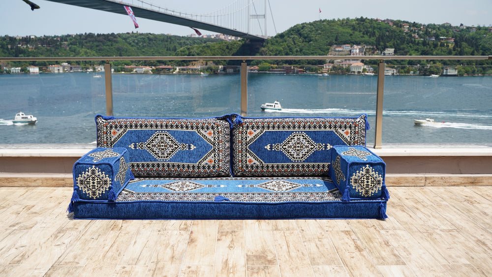 Premium Handmade Royal Blue Floor Sofa Set, Balcony Patio Sofas, Single Sofa Sets, Pallet Sofa, Ethnic Sofa, Moroccan Sofas
