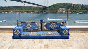 Premium Handmade Royal Blue Floor Sofa Set, Balcony Patio Sofas, Single Sofa Sets, Pallet Sofa, Ethnic Sofa, Moroccan Sofas