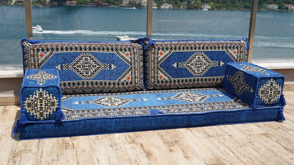 Premium Handmade Royal Blue Floor Sofa Set, Balcony Patio Sofas, Single Sofa Sets, Pallet Sofa, Ethnic Sofa, Moroccan Sofas