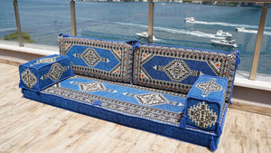 Premium Handmade Royal Blue Floor Sofa Set, Balcony Patio Sofas, Single Sofa Sets, Pallet Sofa, Ethnic Sofa, Moroccan Sofas