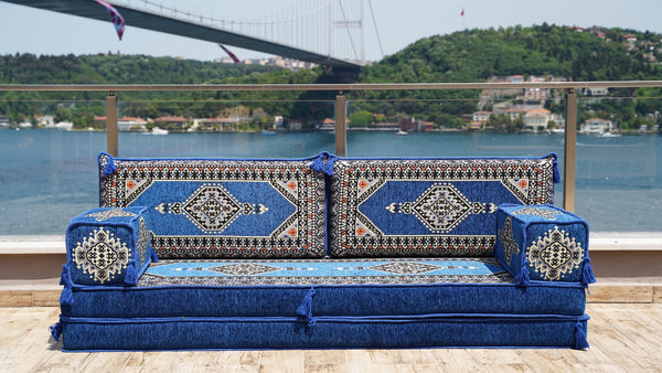 Premium Handmade Royal Blue Floor Sofa Set, Balcony Patio Sofas, Single Sofa Sets, Pallet Sofa, Ethnic Sofa, Moroccan Sofas