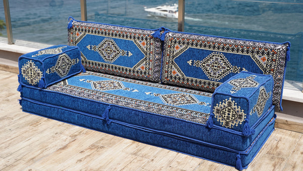 Premium Handmade Royal Blue Floor Sofa Set, Balcony Patio Sofas, Single Sofa Sets, Pallet Sofa, Ethnic Sofa, Moroccan Sofas