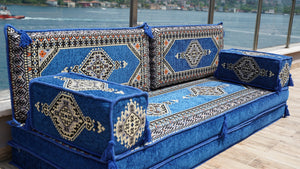 Premium Handmade Royal Blue Floor Sofa Set, Balcony Patio Sofas, Single Sofa Sets, Pallet Sofa, Ethnic Sofa, Moroccan Sofas