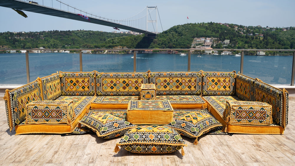 U Shaped Floor Cushions, Yellow Arabic Majlis Set, Floor Sofa Set, Pallet Sofa, Ethnic Sofa,Arabic Jalsa, Moroccan Sofas