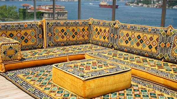 Yellow Floor Cushions, L Shaped Sectional Sofas, Arabic Sofa Set, Pallet Sofa, Arabic Majlis, Pouffs