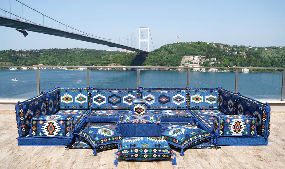 Blue Floor Pillows, Corner Floor Sofa Seating, Floor Cushions, Arabic Majlis, U Shaped Arabic Sofa Set, Oriental Floor Seating
