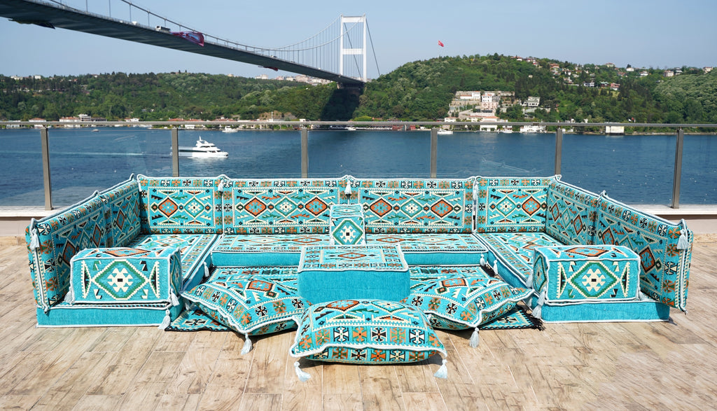 Light Blue Corner Floor Sofa Seating Set, U Shaped Arabic Sofa Set, Oriental Floor Seating, Floor Cushions, Living Room Sofa