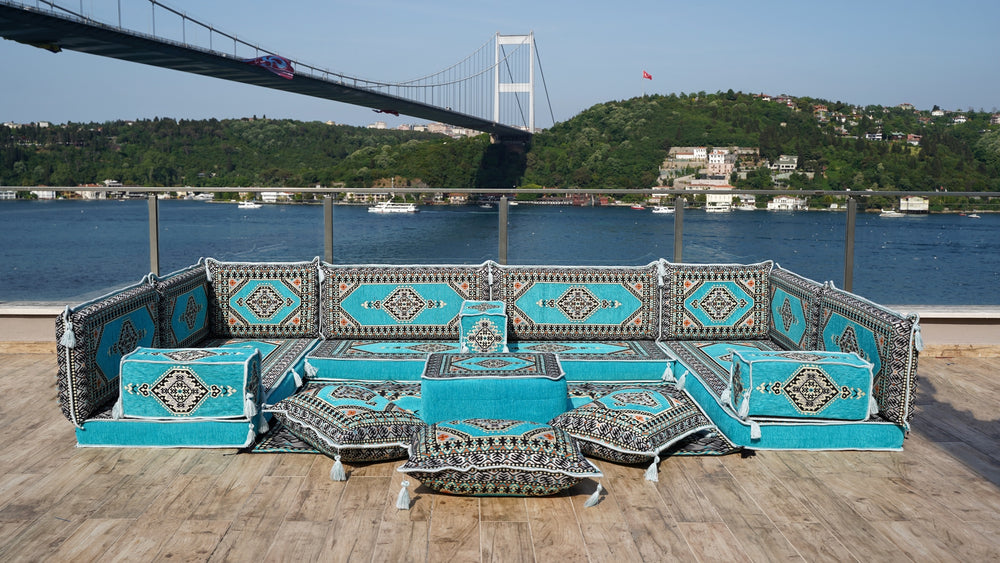 U Shaped Turquoise Arabic Floor Sofa Set, Floor Cushions, Balcony Patio Sofas, Pallet Sofa, Ethnic Sofa, Moroccan Sofas