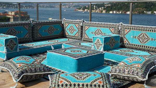 Turquoise L Shaped Sectional Sofas, Floor Cushions, Arabic Sofa Set, Pallet Sofa, Arabic Majlis, Pouffs