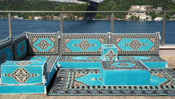 Turquoise L Shaped Sectional Sofas, Floor Cushions, Arabic Sofa Set, Pallet Sofa, Arabic Majlis, Pouffs