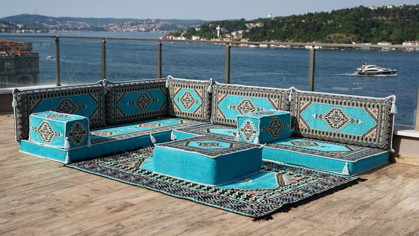 Turquoise L Shaped Sectional Sofas, Floor Cushions, Arabic Sofa Set, Pallet Sofa, Arabic Majlis, Pouffs