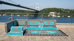 Turquoise L Shaped Sectional Sofas, Floor Cushions, Arabic Sofa Set, Pallet Sofa, Arabic Majlis, Pouffs