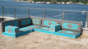 Turquoise L Shaped Sectional Sofas, Floor Cushions, Arabic Sofa Set, Pallet Sofa, Arabic Majlis, Pouffs