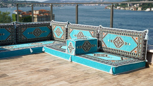Turquoise L Shaped Sectional Sofas, Floor Cushions, Arabic Sofa Set, Pallet Sofa, Arabic Majlis, Pouffs