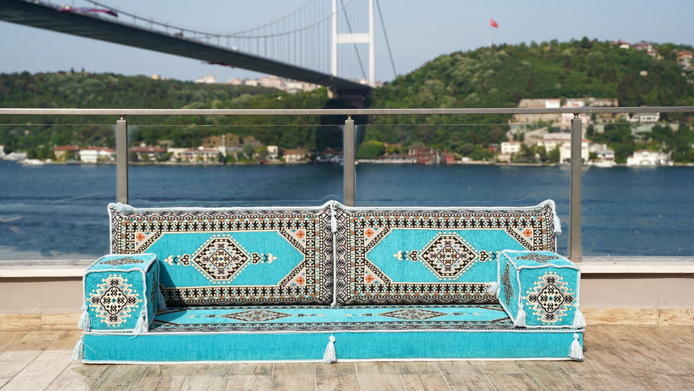 Turquoise Turkish Floor Sofas, Ethnic Cushions, Terrace Garden Couches, Floor Sofa Seating, Single Sofa Sets